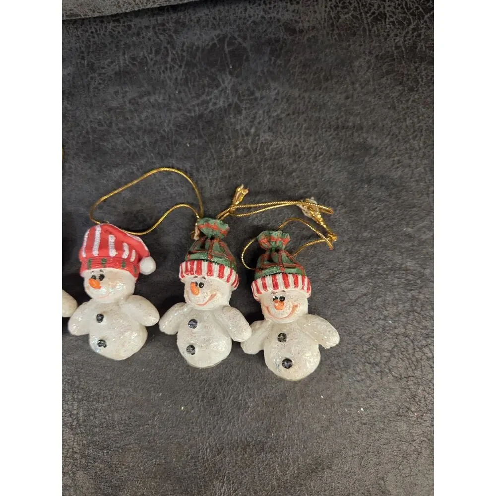4 Vintage Miniature Glitter Snowman Ornaments Red Green Striped Hats Christmas